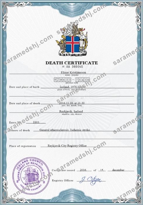 Iceland vital record death certificate PSD template